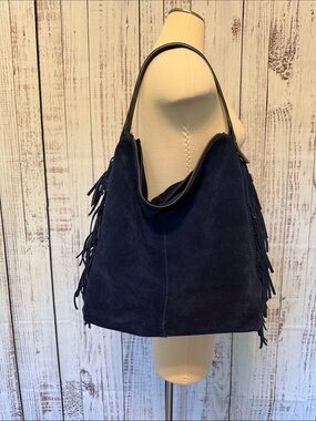 Fringe Suede Hobo Shoulder Bag in Navy
